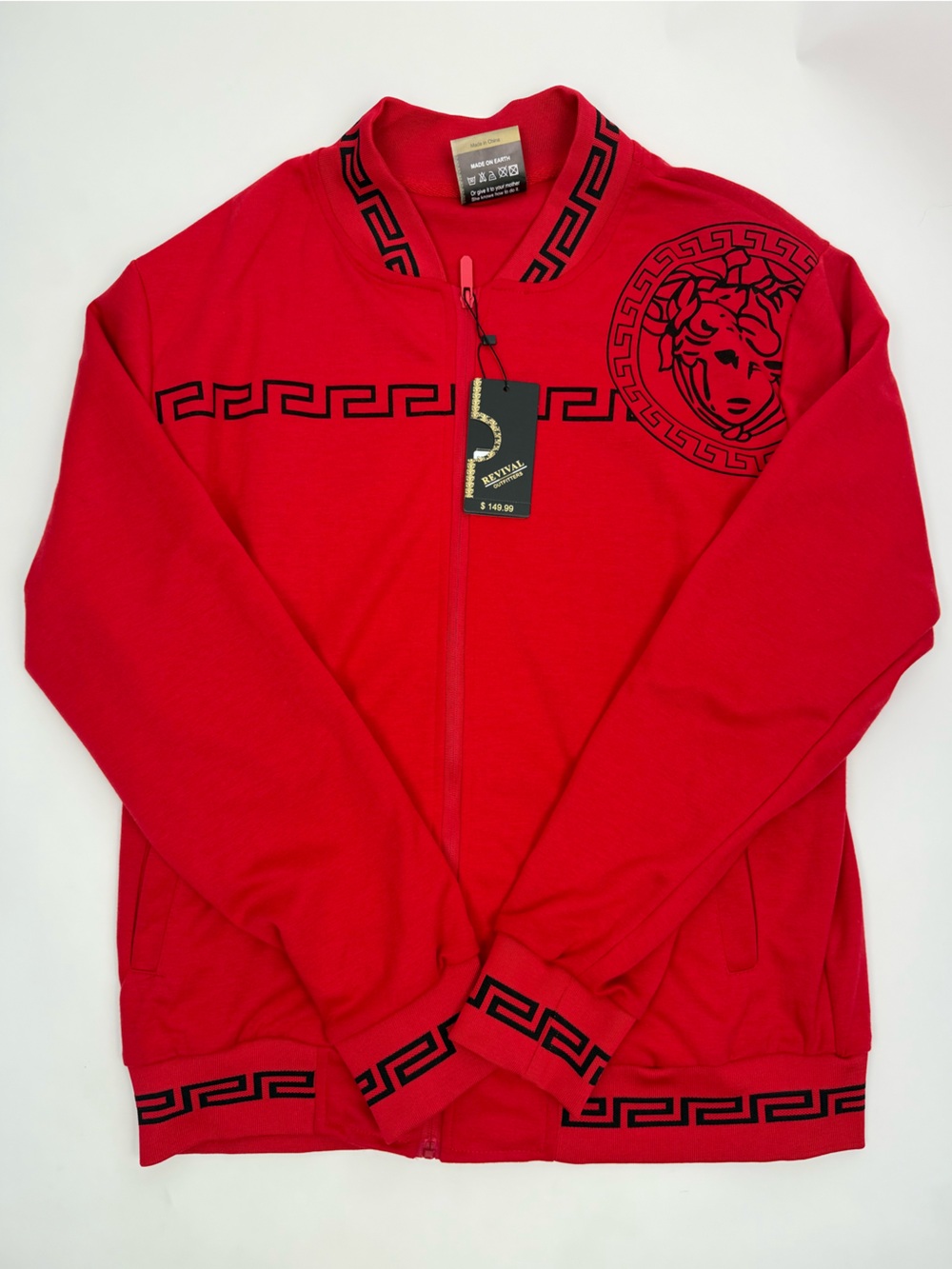 Men's Red Zip-Up Sweater Jacket with Graphic Trim